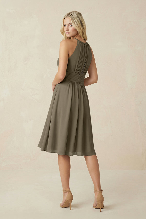 Halter A - Line Chiffon Midi Bridesmaid Dress in Willow Green - SHE IS ME Bridesmaid Dresses
