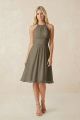 Halter A - Line Chiffon Midi Bridesmaid Dress in Willow Green - KISS BRIDAL Bridesmaid Dresses