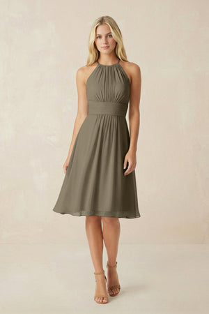 Halter A - Line Chiffon Midi Bridesmaid Dress in Willow Green - SHE IS ME Bridesmaid Dresses