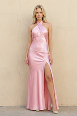 Halter Backless Maxi Dress in Pink - KISS BRIDAL