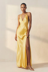 Halter Backless Maxi Dress With Slit in Yellow - KISS BRIDAL