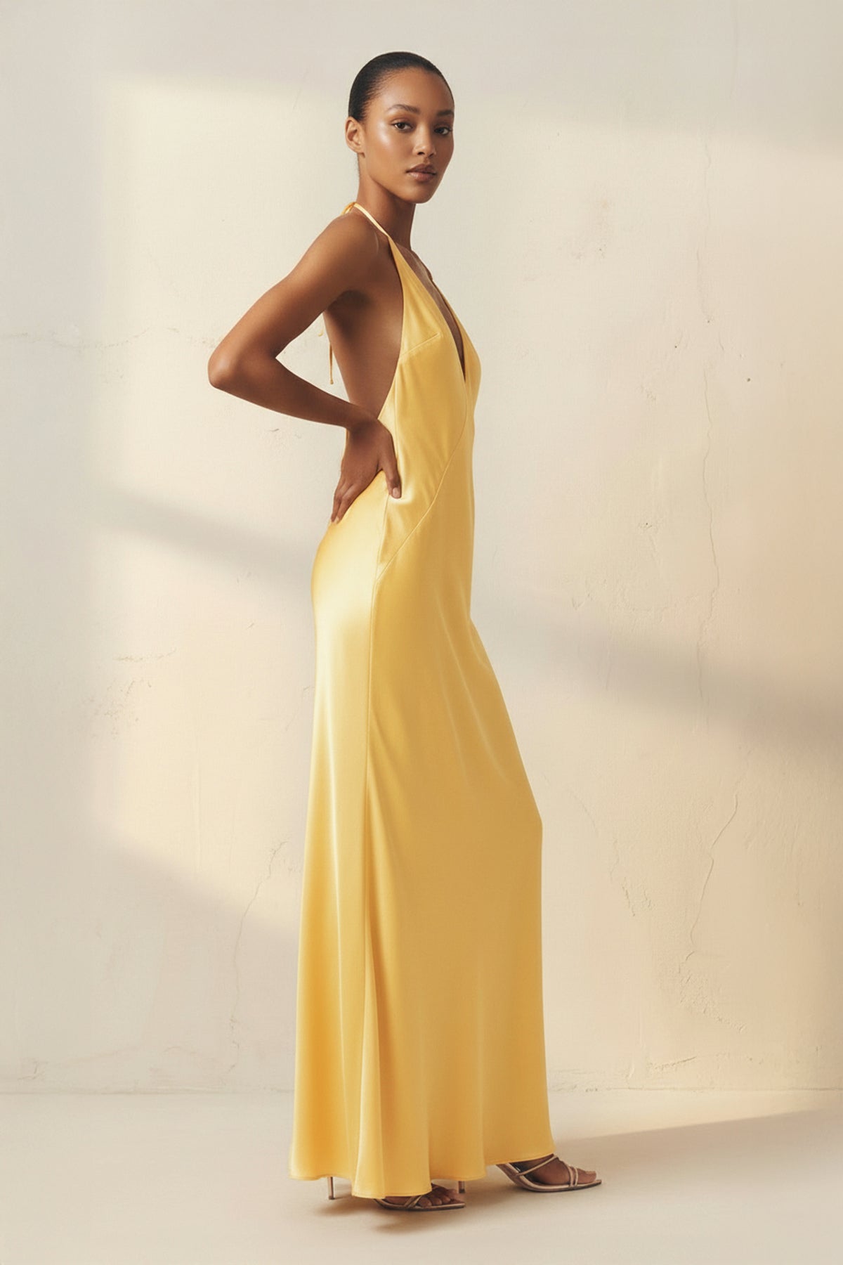 Sheisme | Halter Sheath Yellow Satin Prom Formal Dress with Slit