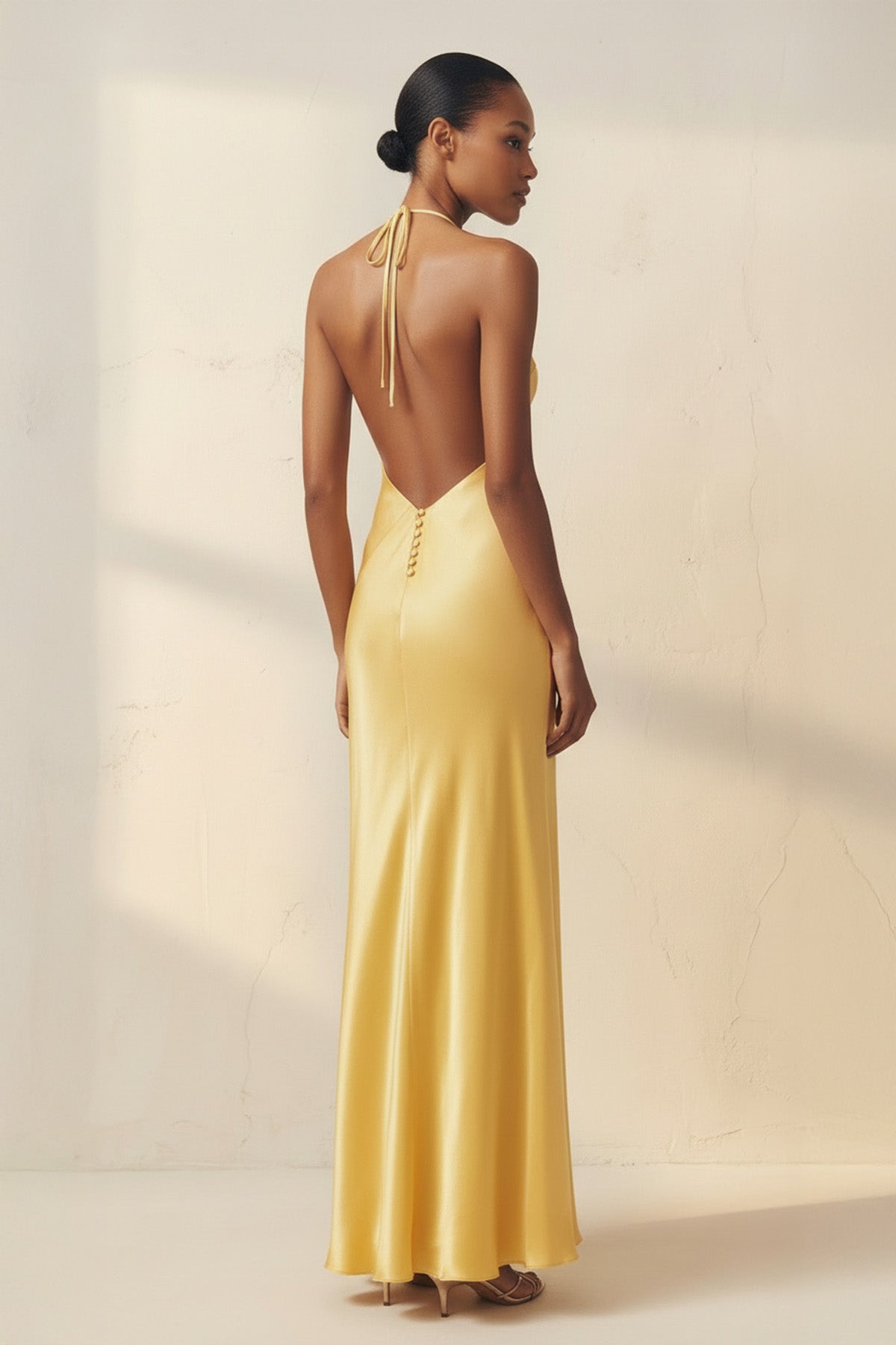 Sheisme | Halter Sheath Yellow Satin Prom Formal Dress with Slit