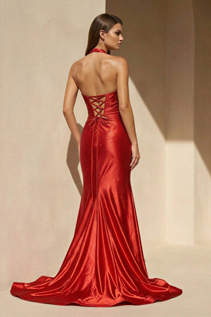 Halter Beaded Gown With Slit in Red - SHE IS ME