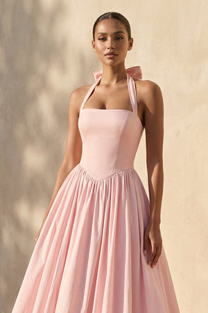 Halter Bow Midi Dress With Tulle Hem in Pink - SHE IS ME