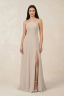Halter Chiffon A - Line Bridesmaid Dress With Slit in Almond - SHE IS ME Bridesmaid Dresses