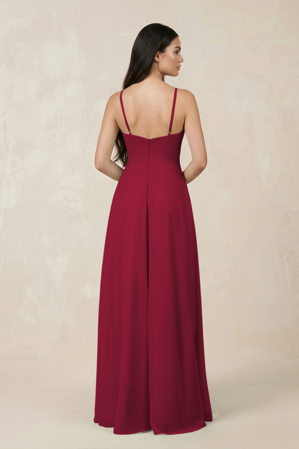 Halter Chiffon A - Line Bridesmaid Dress With Slit in Berry - SHE IS ME Bridesmaid Dresses