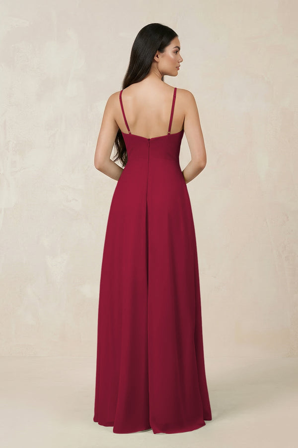 Halter Chiffon A - Line Bridesmaid Dress With Slit in Berry - KISS BRIDAL Bridesmaid Dresses