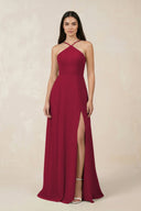 Halter Chiffon A - Line Bridesmaid Dress With Slit in Berry - KISS BRIDAL Bridesmaid Dresses