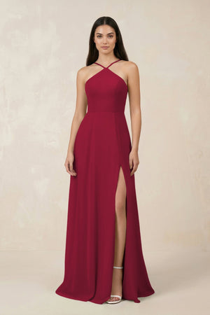 Halter Chiffon A - Line Bridesmaid Dress With Slit in Berry - KISS BRIDAL Bridesmaid Dresses