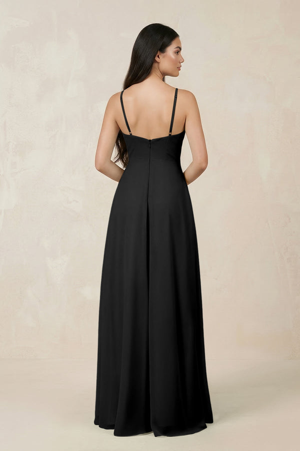 Halter Chiffon A - Line Bridesmaid Dress With Slit in Black - SHE IS ME Bridesmaid Dresses