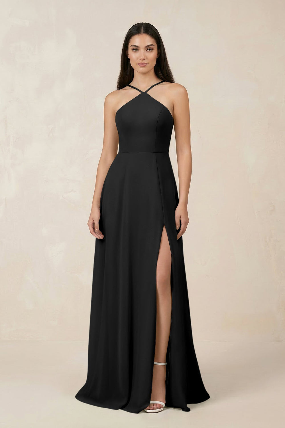 Halter Chiffon A - Line Bridesmaid Dress With Slit in Black - SHE IS ME Bridesmaid Dresses