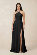 Halter Chiffon A - Line Bridesmaid Dress With Slit in Black - SHE IS ME Bridesmaid Dresses