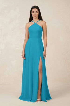 Halter Chiffon A - Line Bridesmaid Dress With Slit in Blue Jay - KISS BRIDAL Bridesmaid Dresses