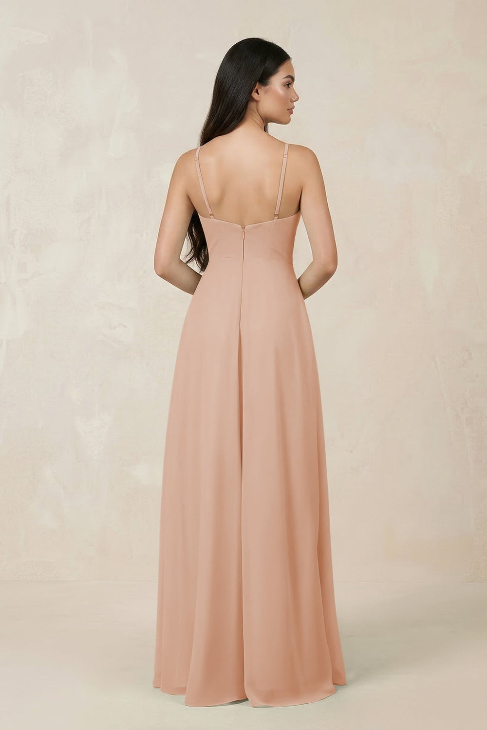 Halter Chiffon A - Line Bridesmaid Dress With Slit in Champagne Rose - SHE IS ME Bridesmaid Dresses