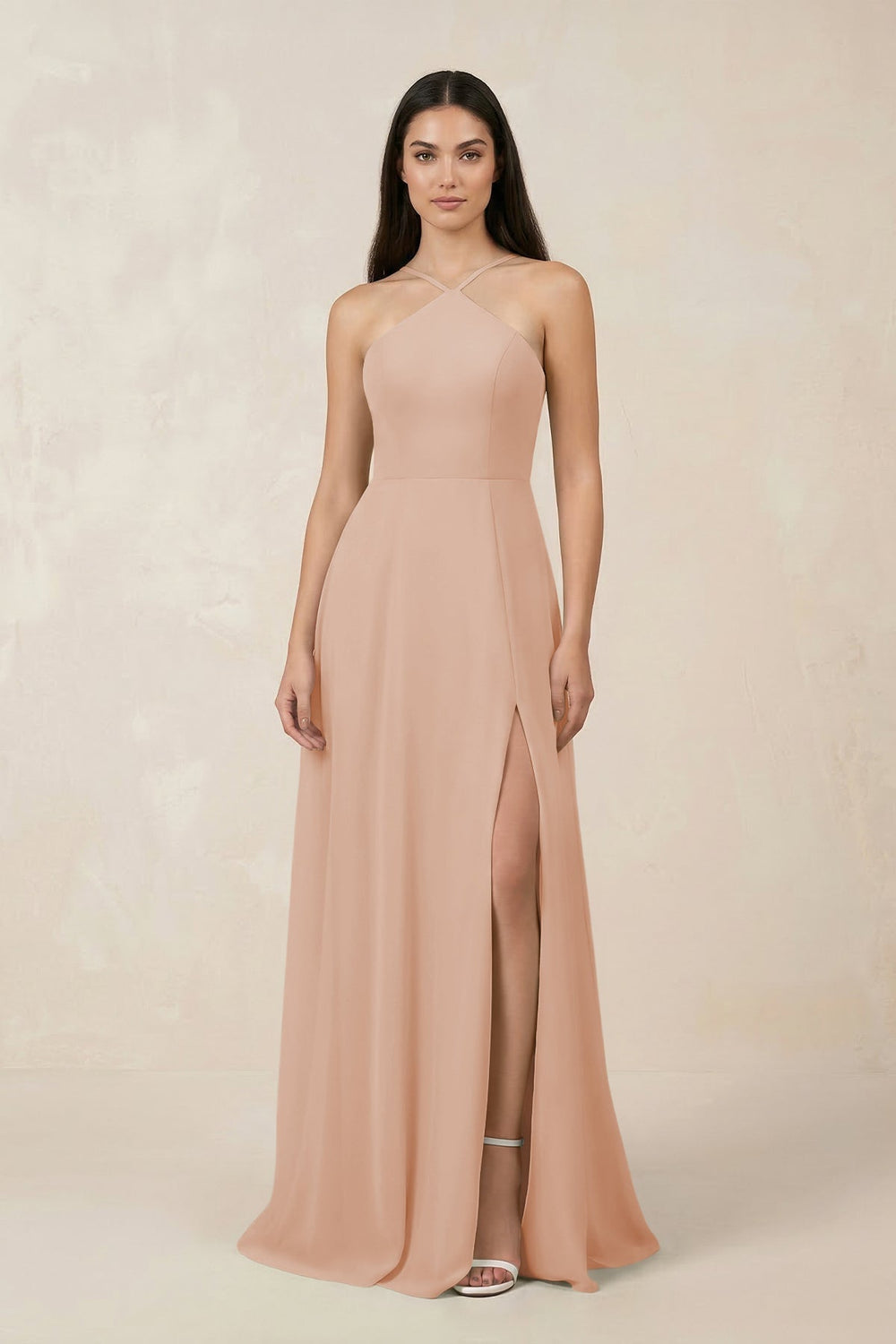 Halter Chiffon A - Line Bridesmaid Dress With Slit in Champagne Rose - SHE IS ME Bridesmaid Dresses