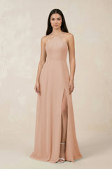 Halter Chiffon A - Line Bridesmaid Dress With Slit in Champagne Rose - KISS BRIDAL Bridesmaid Dresses