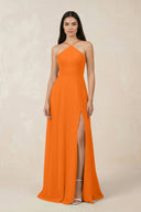 Halter Chiffon A - Line Bridesmaid Dress With Slit in Cinnamon - KISS BRIDAL Bridesmaid Dresses