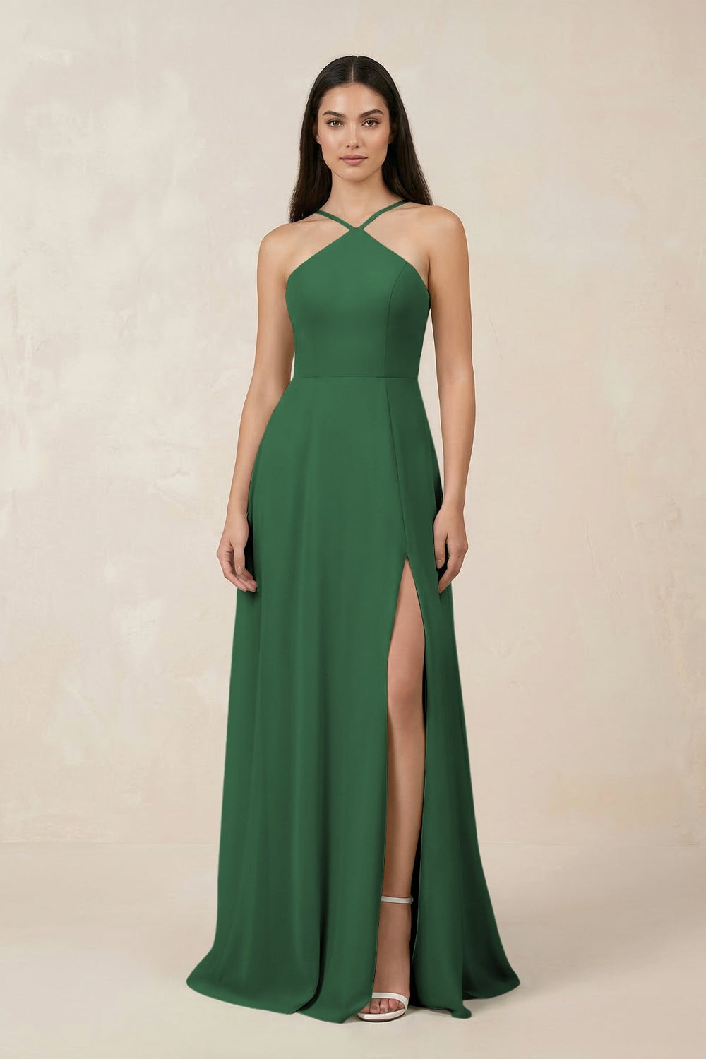 Halter Chiffon A - Line Bridesmaid Dress With Slit in Dark Green - SHE IS ME Bridesmaid Dresses