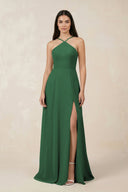 Halter Chiffon A - Line Bridesmaid Dress With Slit in Dark Green - KISS BRIDAL Bridesmaid Dresses