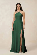 Halter Chiffon A-Line Bridesmaid Dress With Slit in Dark Green - KISSBRIDAL