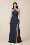 Halter Chiffon A - Line Bridesmaid Dress With Slit in Dark Navy - KISS BRIDAL Bridesmaid Dresses