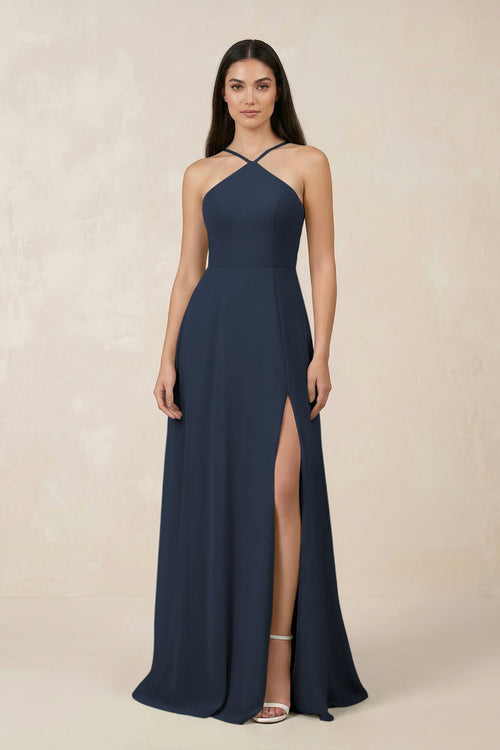 Halter Chiffon A - Line Bridesmaid Dress With Slit in Dark Navy - KISS BRIDAL Bridesmaid Dresses