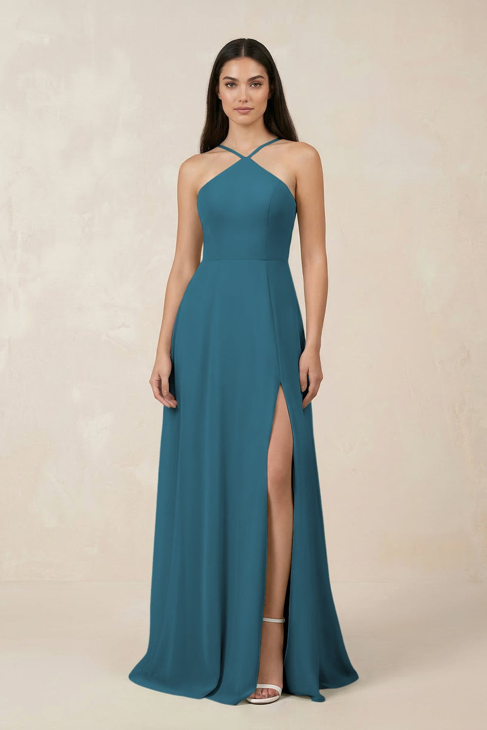 Halter Chiffon A - Line Bridesmaid Dress With Slit in Dark Teal - SHE IS ME Bridesmaid Dresses