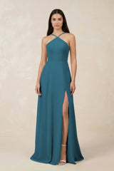 Halter Chiffon A - Line Bridesmaid Dress With Slit in Dark Teal - KISS BRIDAL Bridesmaid Dresses