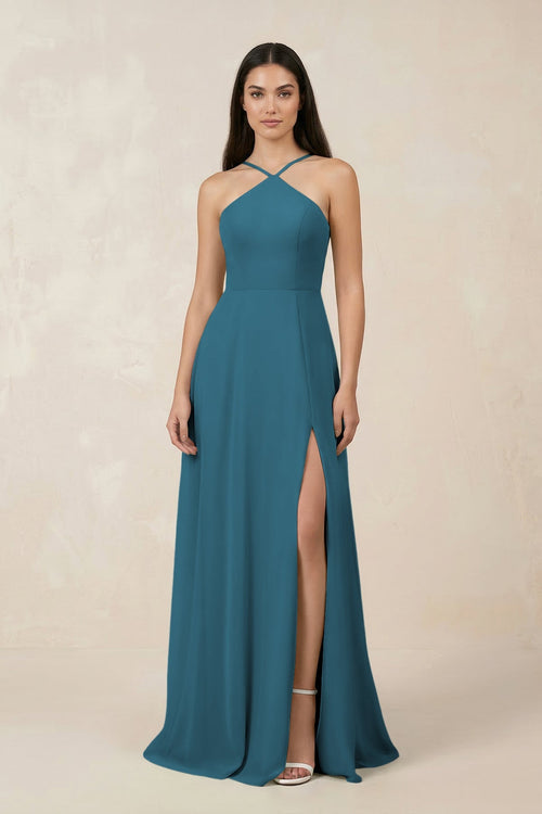 Halter Chiffon A - Line Bridesmaid Dress With Slit in Dark Teal - SHE IS ME Bridesmaid Dresses