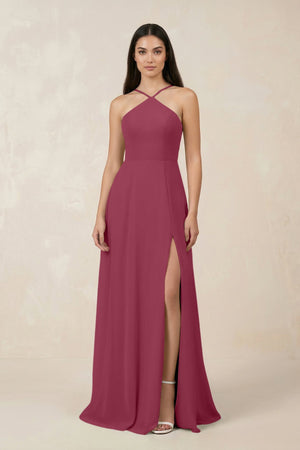 Halter Chiffon A - Line Bridesmaid Dress With Slit in Desert Rose - SHE IS ME Bridesmaid Dresses