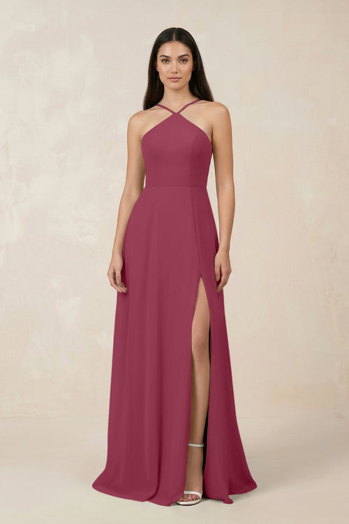 Halter Chiffon A - Line Bridesmaid Dress With Slit in Desert Rose - SHE IS ME Bridesmaid Dresses