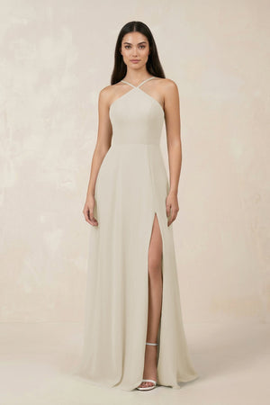 Halter Chiffon A - Line Bridesmaid Dress With Slit in Dove Gray - KISS BRIDAL Bridesmaid Dresses