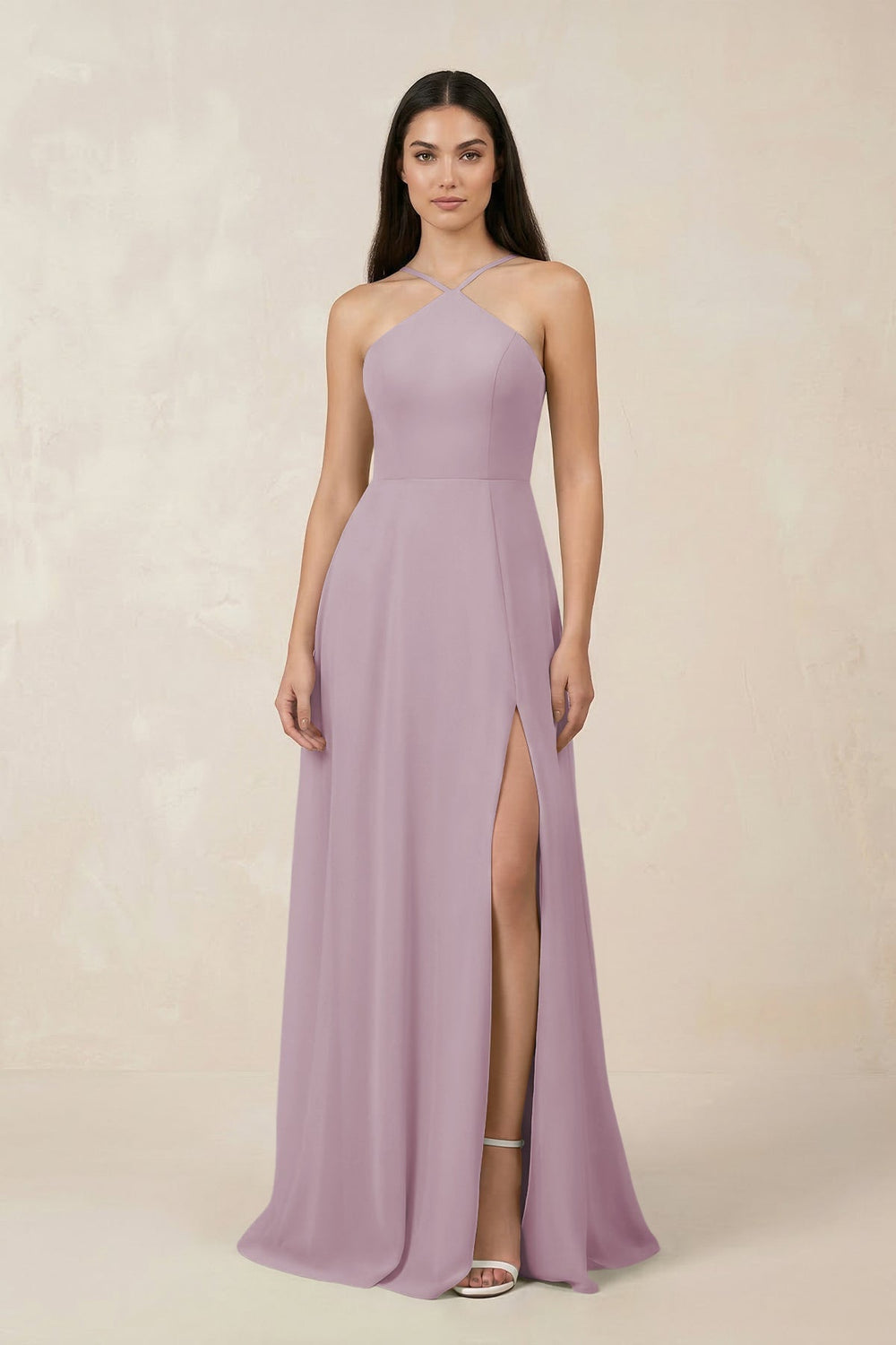 Halter Chiffon A - Line Bridesmaid Dress With Slit in Dusk - SHE IS ME Bridesmaid Dresses