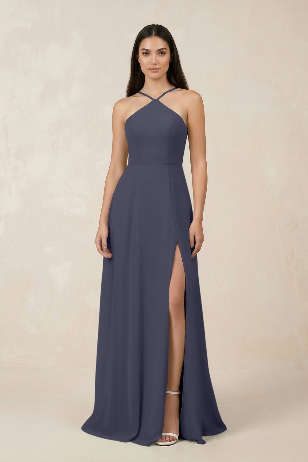 Halter Chiffon A - Line Bridesmaid Dress With Slit in Dusk Blue - SHE IS ME Bridesmaid Dresses