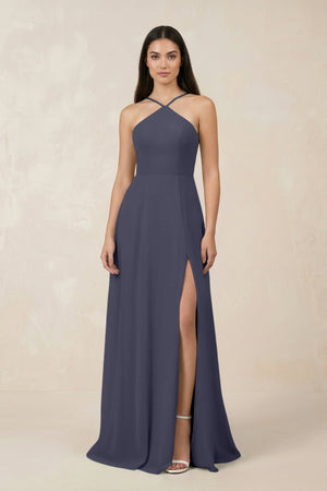 Halter Chiffon A - Line Bridesmaid Dress With Slit in Dusk Blue - KISS BRIDAL Bridesmaid Dresses