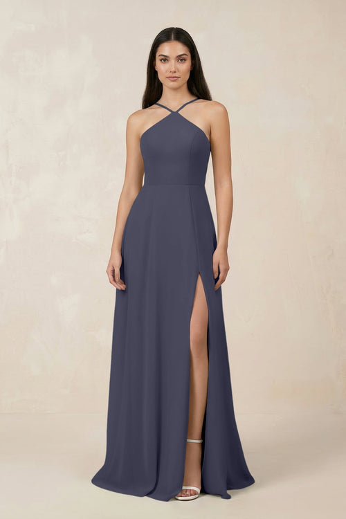 Halter Chiffon A - Line Bridesmaid Dress With Slit in Dusk Blue - KISS BRIDAL Bridesmaid Dresses