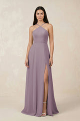 Halter Chiffon A - Line Bridesmaid Dress With Slit in Dusk - KISS BRIDAL Bridesmaid Dresses