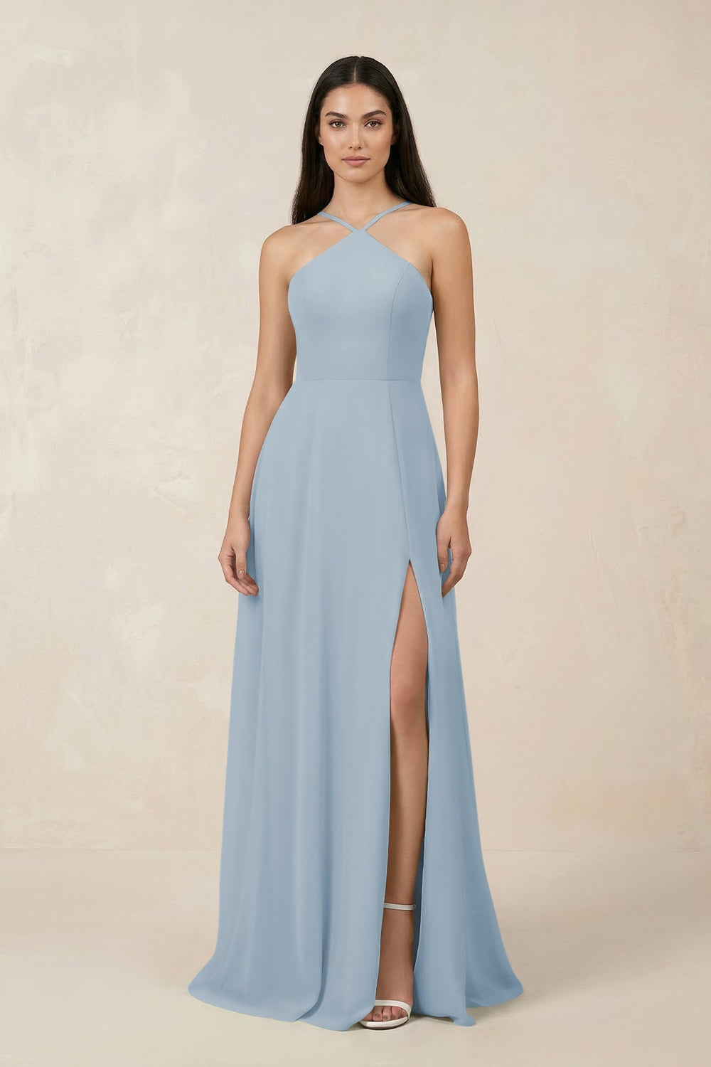 Halter Chiffon A - Line Bridesmaid Dress With Slit in Dusty Blue - SHE IS ME Bridesmaid Dresses