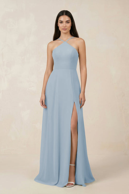 Halter Chiffon A - Line Bridesmaid Dress With Slit in Dusty Blue - KISS BRIDAL Bridesmaid Dresses