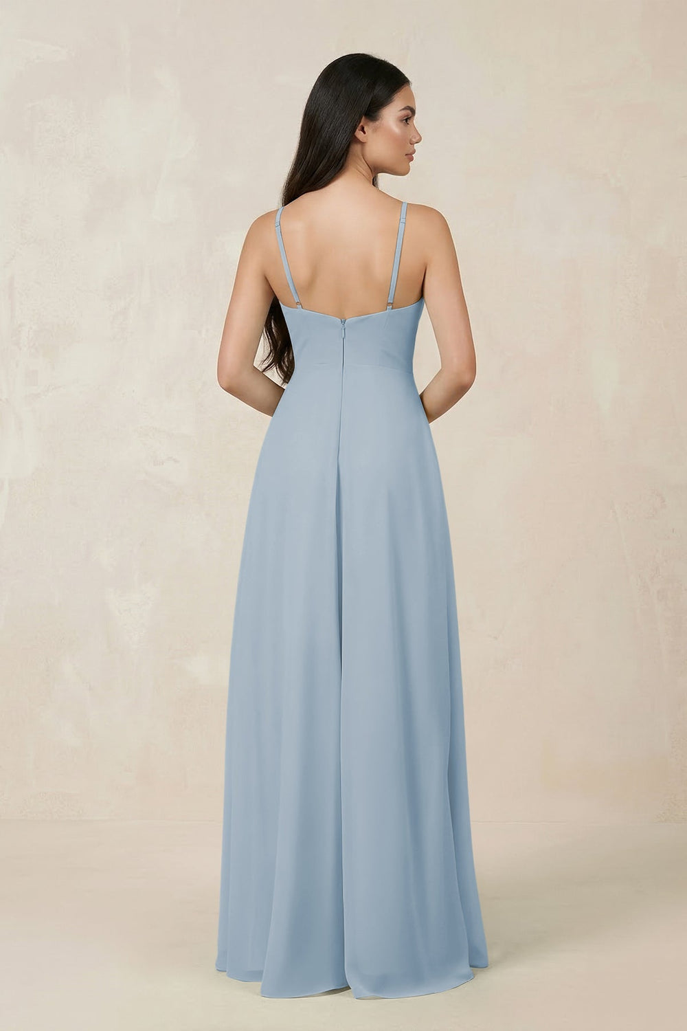 Halter Chiffon A - Line Bridesmaid Dress With Slit in Dusty Blue - SHE IS ME Bridesmaid Dresses