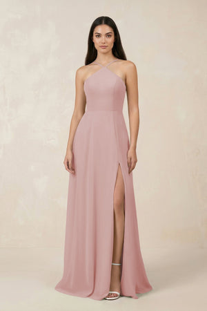 Halter Chiffon A - Line Bridesmaid Dress With Slit in Dusty Rose - KISS BRIDAL Bridesmaid Dresses
