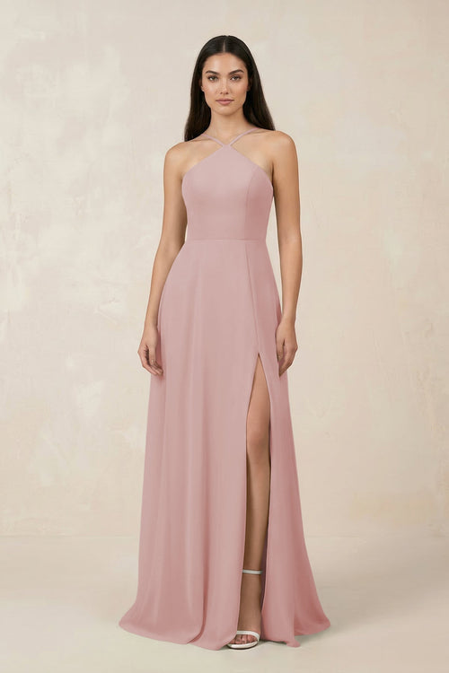 Halter Chiffon A - Line Bridesmaid Dress With Slit in Dusty Rose - KISS BRIDAL Bridesmaid Dresses
