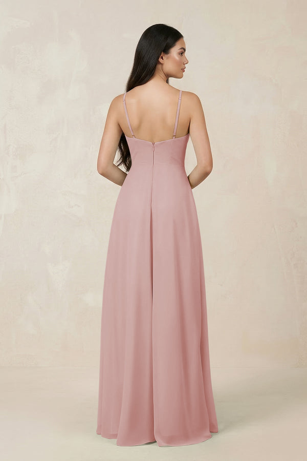 Halter Chiffon A - Line Bridesmaid Dress With Slit in Dusty Rose - KISS BRIDAL Bridesmaid Dresses