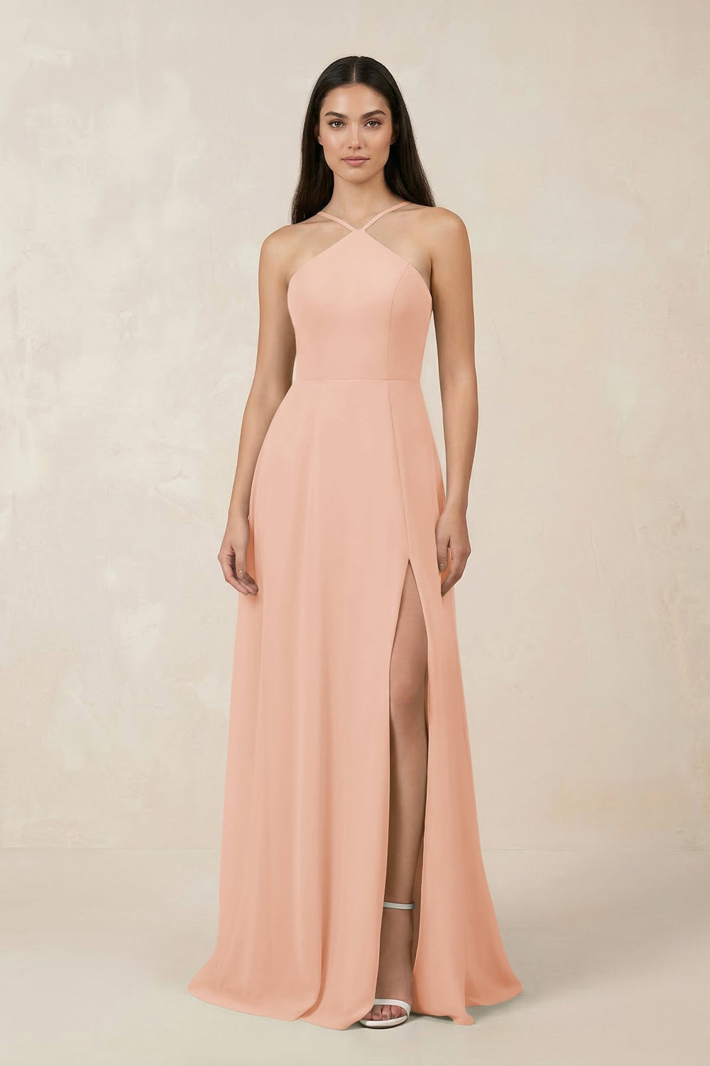 Halter Chiffon A - Line Bridesmaid Dress With Slit in English Rose - SHE IS ME Bridesmaid Dresses