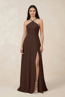 Halter Chiffon A - Line Bridesmaid Dress With Slit in Espresso - SHE IS ME Bridesmaid Dresses