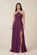 Halter Chiffon A - Line Bridesmaid Dress With Slit in Fig - KISS BRIDAL Bridesmaid Dresses