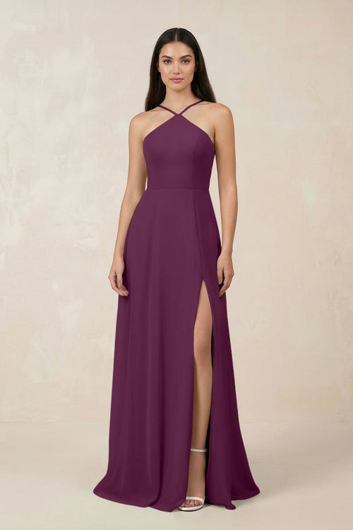 Halter Chiffon A - Line Bridesmaid Dress With Slit in Fig - KISS BRIDAL Bridesmaid Dresses