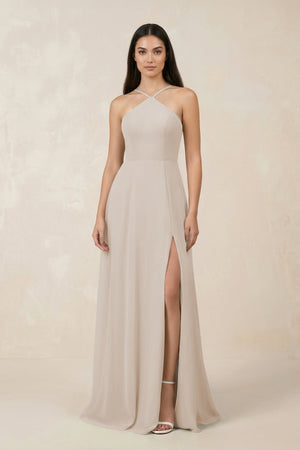 Halter Chiffon A - Line Bridesmaid Dress With Slit in Frost - SHE IS ME Bridesmaid Dresses