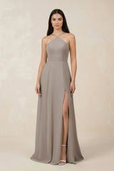 Halter Chiffon A - Line Bridesmaid Dress With Slit in Frost - KISS BRIDAL Bridesmaid Dresses
